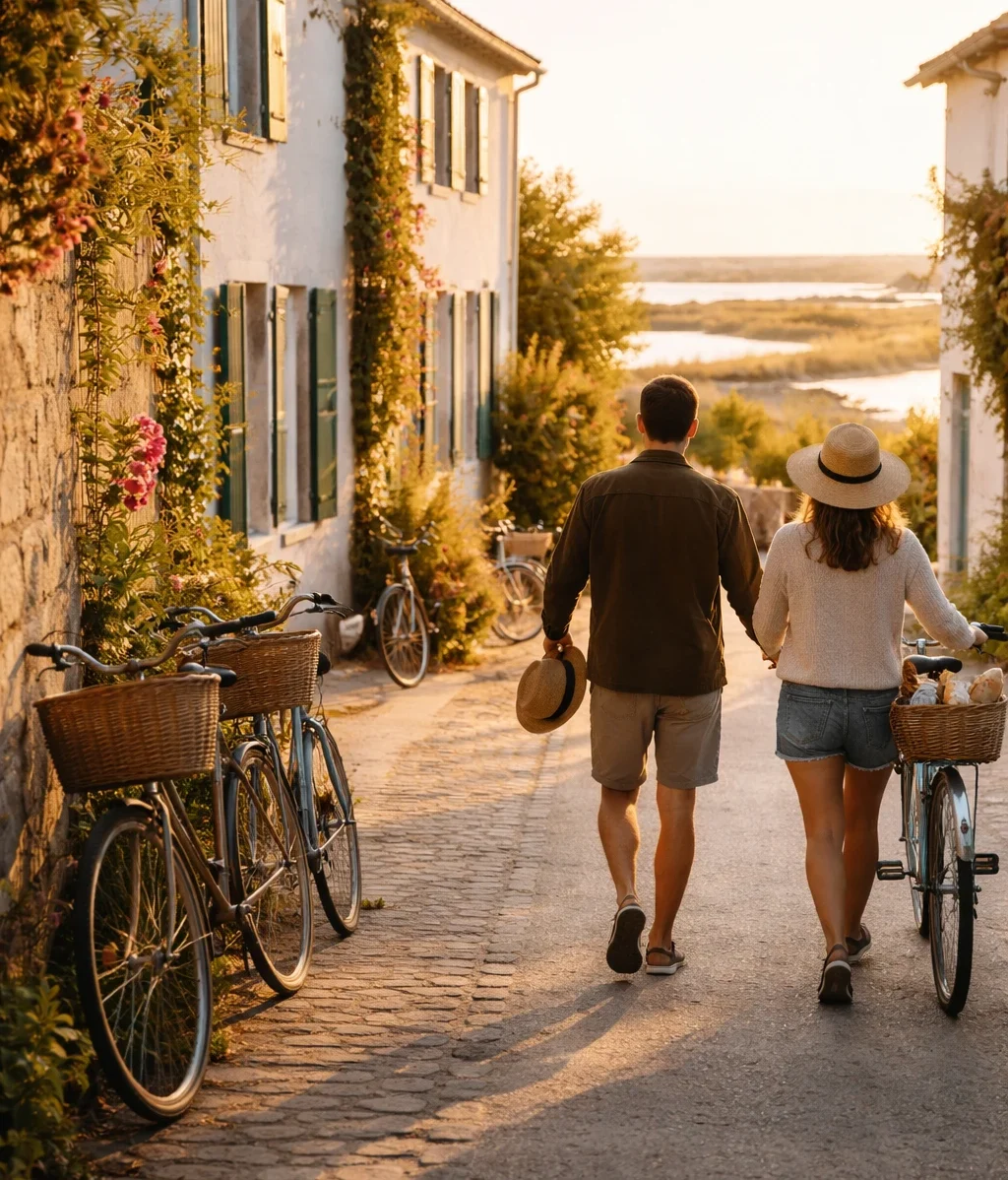 Couple qui marche vers la place sur l'ile de ré
